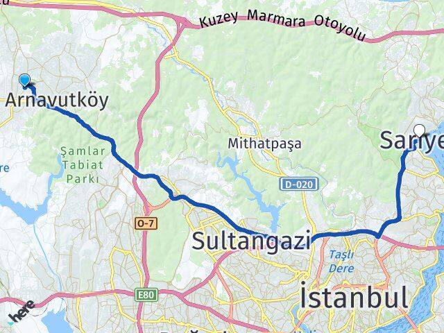 İstanbul Arnavutköy Taşoluk Sarıyer Arası Kaç Km - Yol Haritası