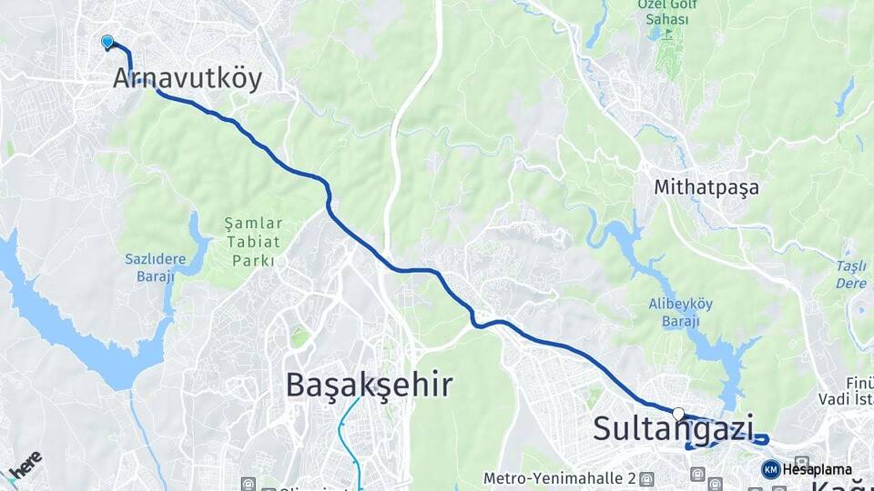 İstanbul Arnavutköy Taşoluk Sultangazi Arası Kaç Km - Yol Haritası