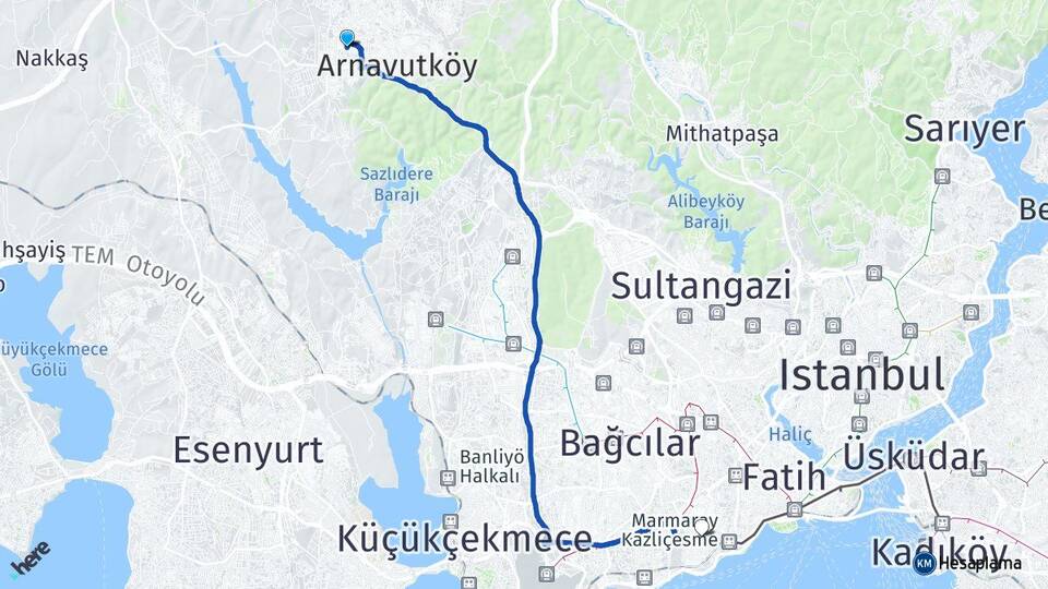 İstanbul Arnavutköy Taşoluk Zeytinburnu Arası Kaç Km - Yol Haritası