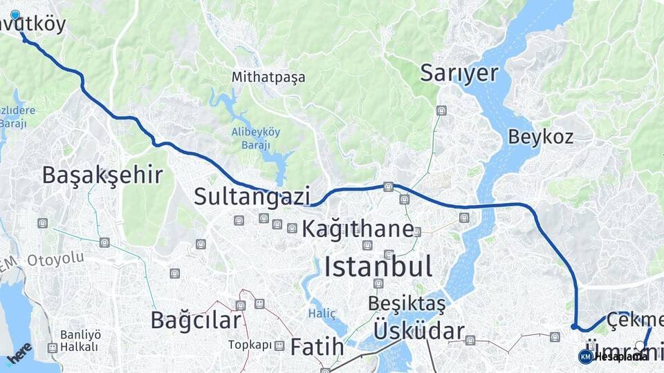 İstanbul Arnavutköy Ümraniye Arası Kaç Km - Yol Haritası