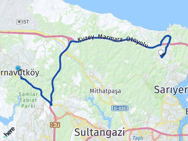İstanbul Arnavutköy Zekeriyaköy Sarıyer Arası Kaç Km - Yol Haritası