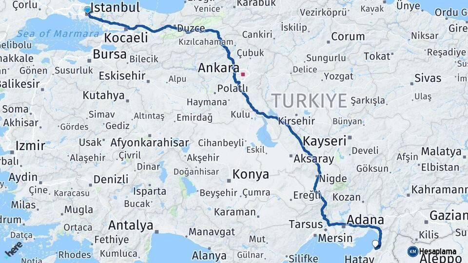 İstanbul Arsuz Hatay Arası Kaç Km - Yol Haritası