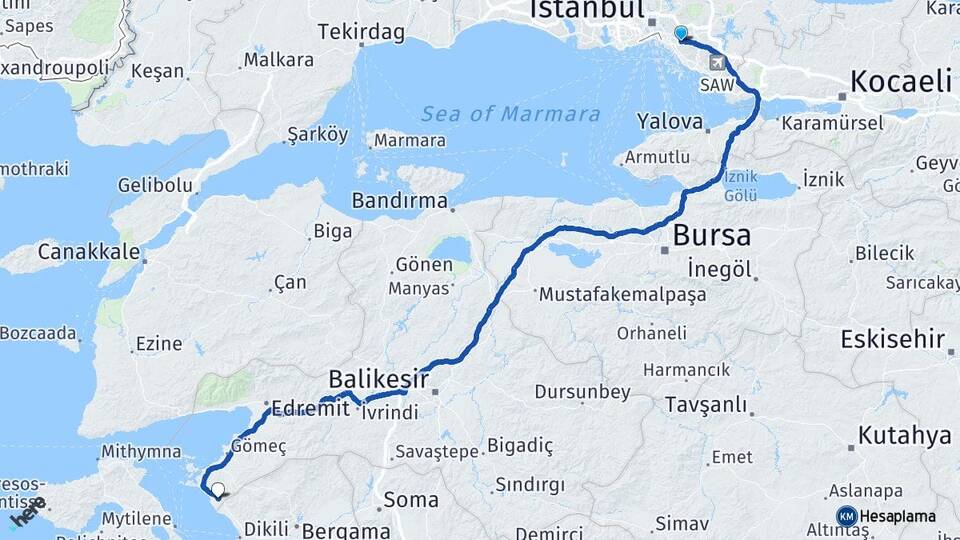 İstanbul Ataşehir Altınova Ayvalık Balıkesir Arası Kaç Km - Yol Haritası