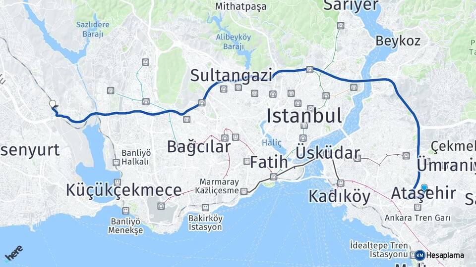 İstanbul Ataşehir Bahçeşehir 1. Kısım Başakşehir Arası Kaç Km - Yol Haritası