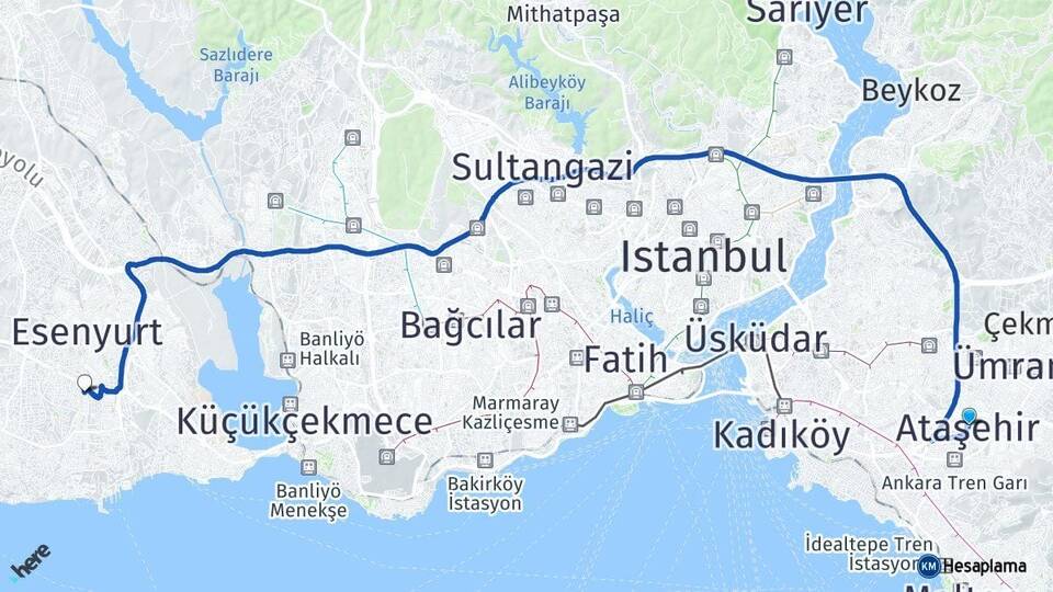İstanbul Ataşehir Beylikdüzü Arası Kaç Km - Yol Haritası