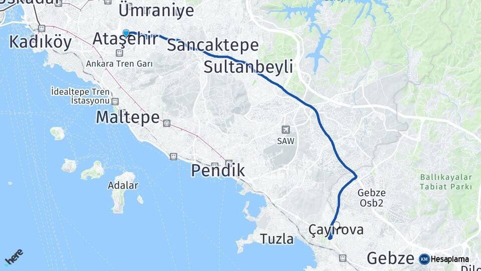 İstanbul Ataşehir Çayırova Kocaeli Arası Kaç Km - Yol Haritası