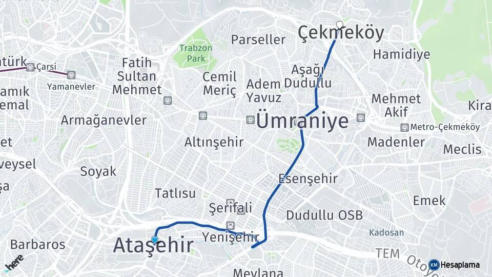 İstanbul Ataşehir Çekmeköy Arası Kaç Km - Yol Haritası