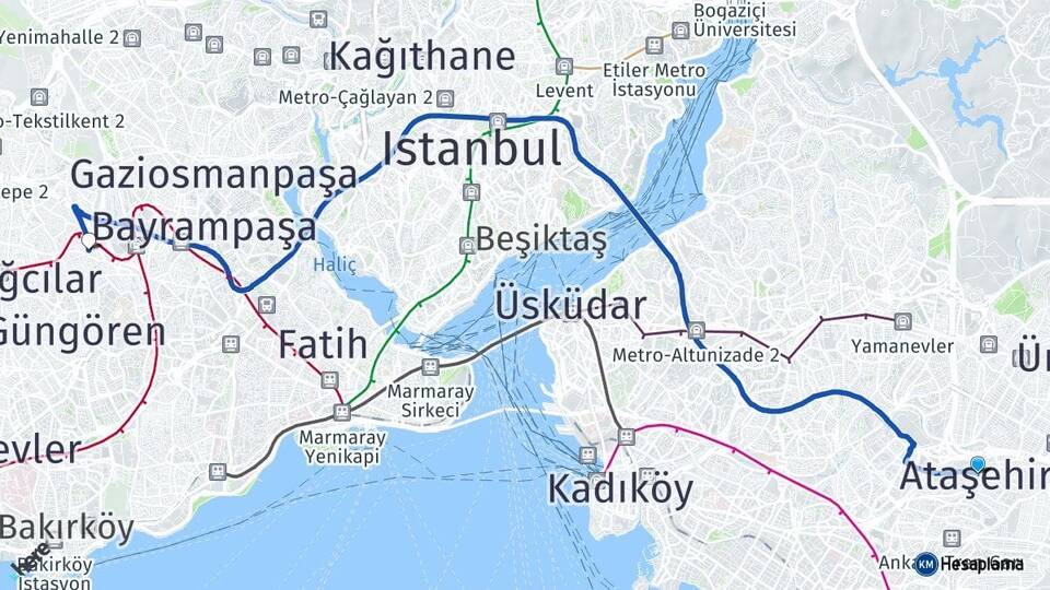 İstanbul Ataşehir Esenler Arası Kaç Km - Yol Haritası
