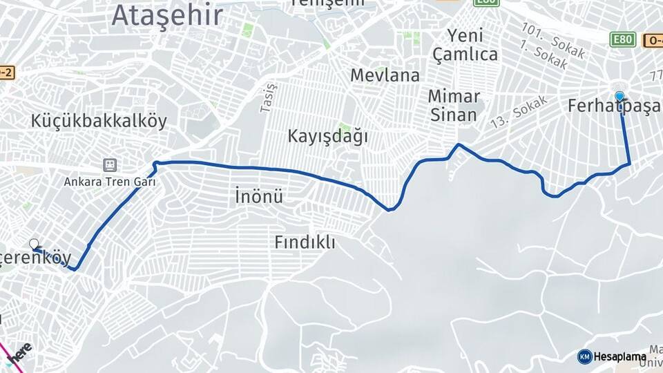 İstanbul Ataşehir Ferhatpaşa İçerenköy Ataşehir Arası Kaç Km - Yol Haritası