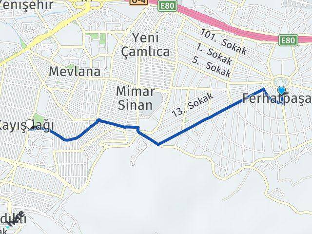 İstanbul Ataşehir Ferhatpaşa Kayışdağı Ataşehir Arası Kaç Km - Yol Haritası