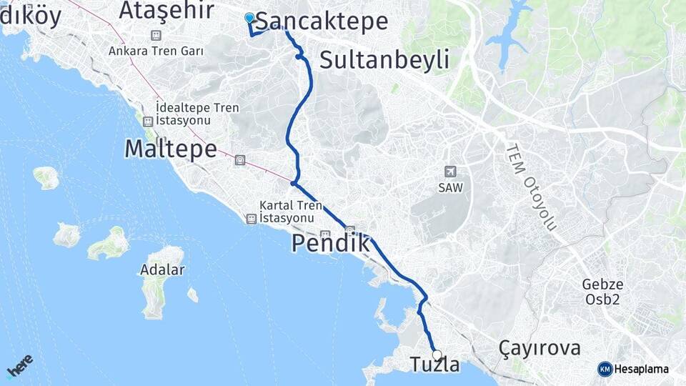 İstanbul Ataşehir Ferhatpaşa Tuzla Arası Kaç Km - Yol Haritası