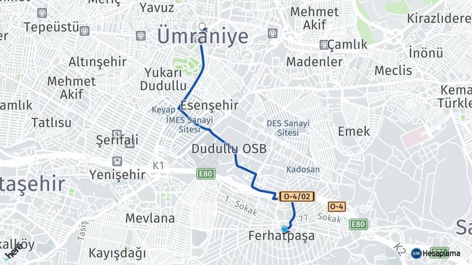 İstanbul Ataşehir Ferhatpaşa Ümraniye Arası Kaç Km - Yol Haritası
