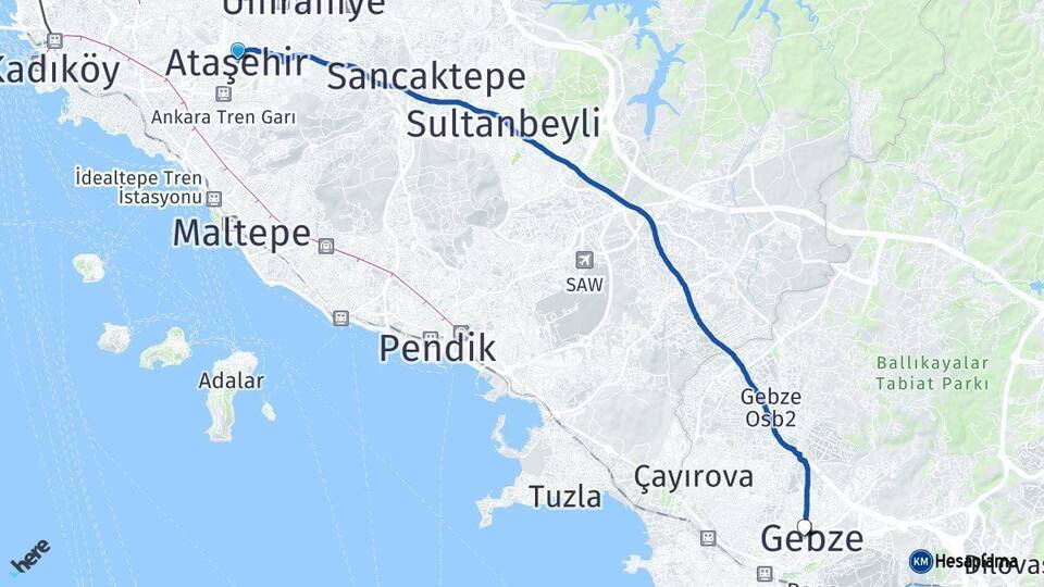 İstanbul Ataşehir Gebze Kocaeli Arası Kaç Km - Yol Haritası