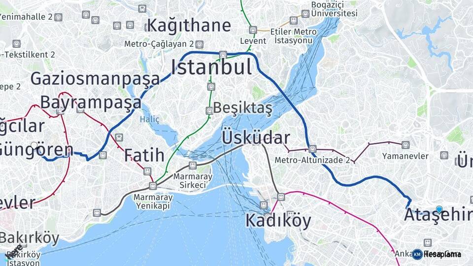 İstanbul Ataşehir Güngören Arası Kaç Km - Yol Haritası