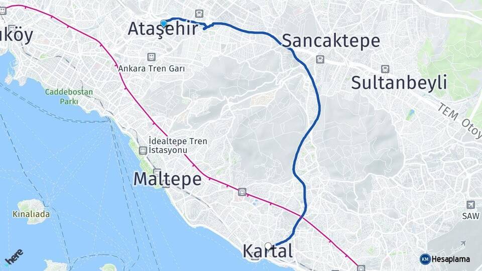 İstanbul Ataşehir Kartal Arası Kaç Km - Yol Haritası
