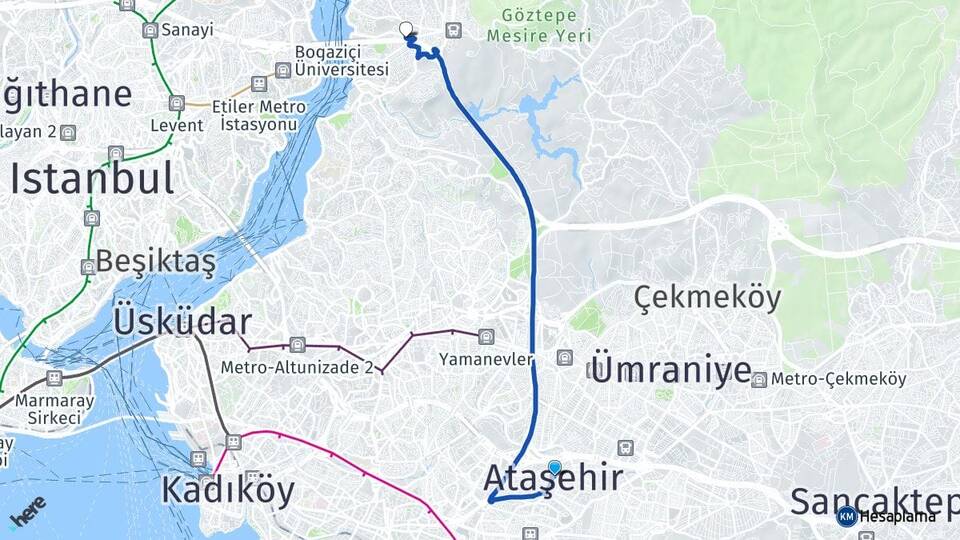 İstanbul Ataşehir Kavacık Beykoz Arası Kaç Km - Yol Haritası