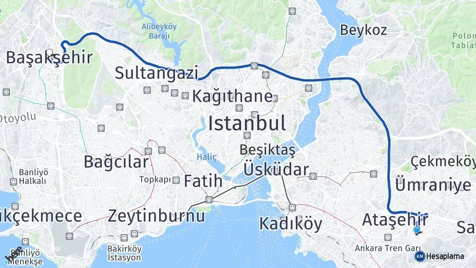 İstanbul Ataşehir Kayışdağı Başakşehir Arası Kaç Km - Yol Haritası