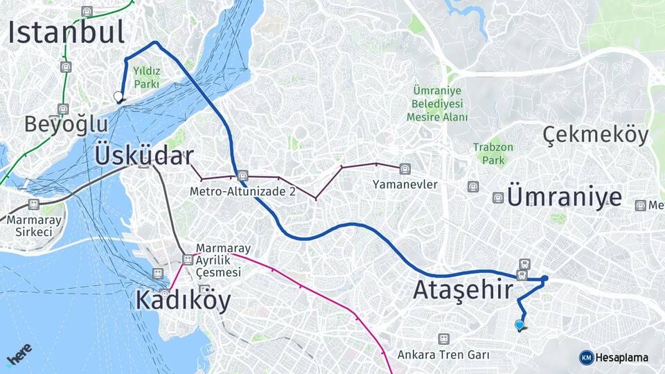 İstanbul Ataşehir Kayışdağı Beşiktaş Arası Kaç Km - Yol Haritası