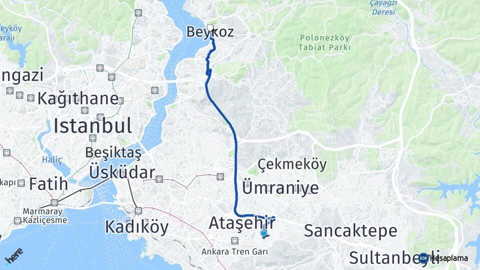 İstanbul Ataşehir Kayışdağı Beykoz Arası Kaç Km - Yol Haritası