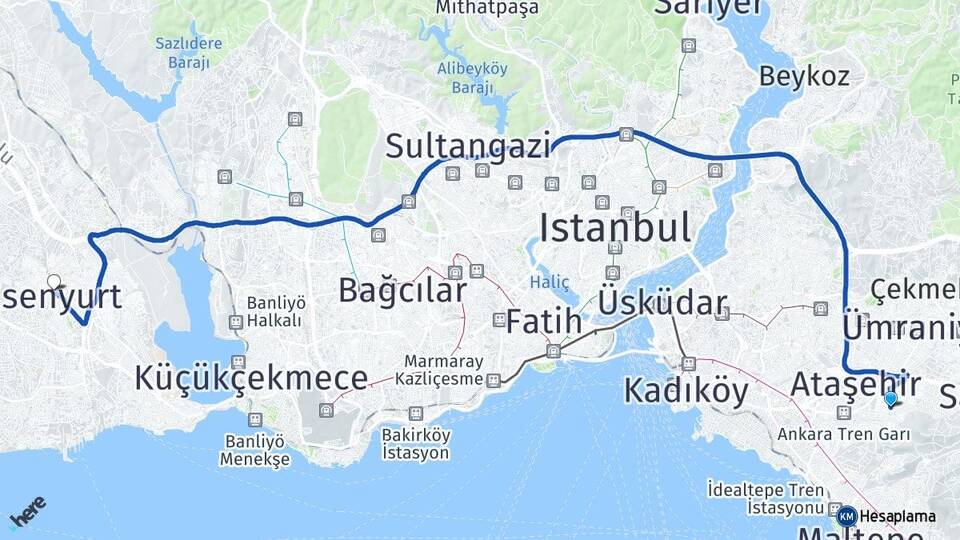 İstanbul Ataşehir Kayışdağı Esenyurt Arası Kaç Km - Yol Haritası