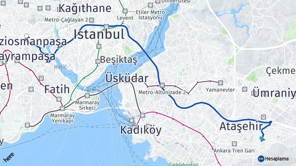 İstanbul Ataşehir Kayışdağı Gaziosmanpaşa Arası Kaç Km - Yol Haritası