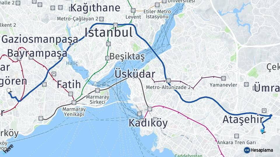 İstanbul Ataşehir Kayışdağı Merter Güngören Arası Kaç Km - Yol Haritası