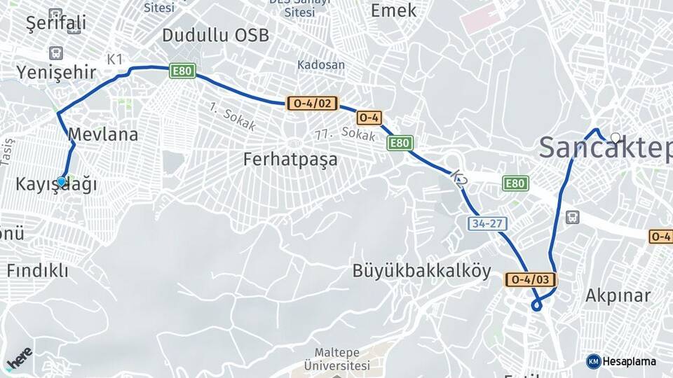 İstanbul Ataşehir Kayışdağı Sancaktepe Arası Kaç Km - Yol Haritası
