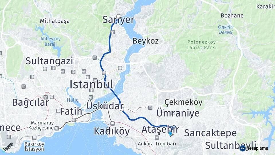 İstanbul Ataşehir Kayışdağı Sarıyer Arası Kaç Km - Yol Haritası