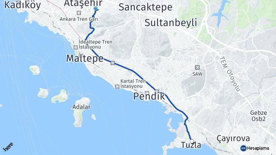 İstanbul Ataşehir Kayışdağı Tuzla Arası Kaç Km - Yol Haritası