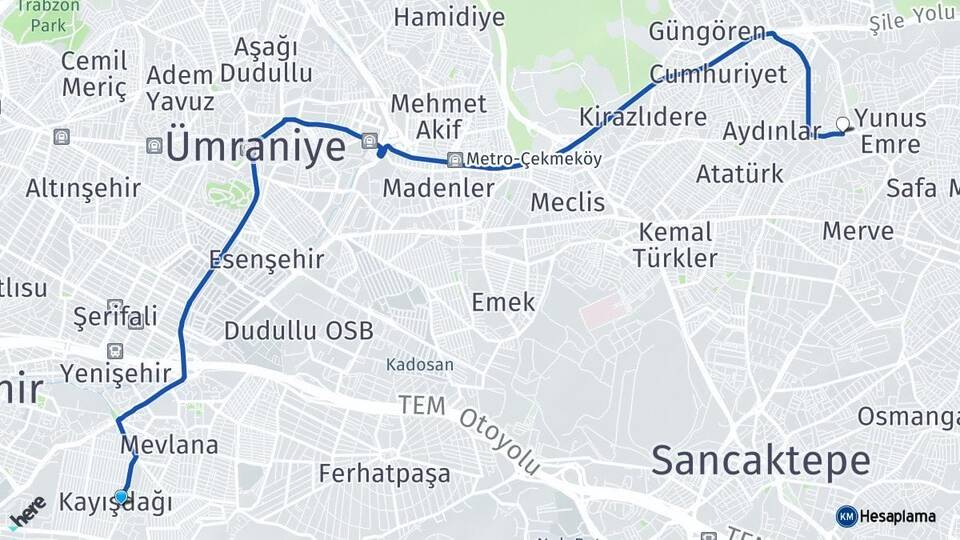 İstanbul Ataşehir Kayışdağı Yenidoğan Sancaktepe Arası Kaç Km - Yol Haritası