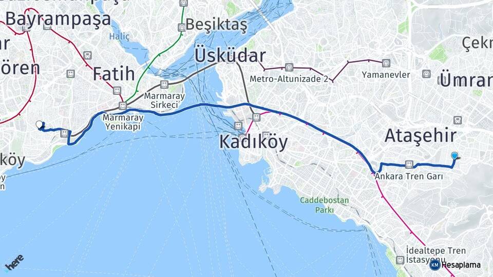 İstanbul Ataşehir Kayışdağı Zeytinburnu Arası Kaç Km - Yol Haritası