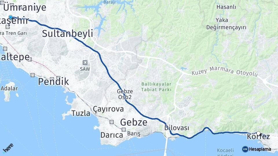İstanbul Ataşehir Körfez Kocaeli Arası Kaç Km - Yol Haritası
