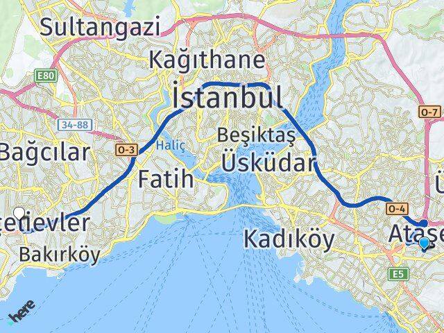 İstanbul Ataşehir Küçükbakkalköy Bahçelievler Arası Kaç Km - Yol Haritası