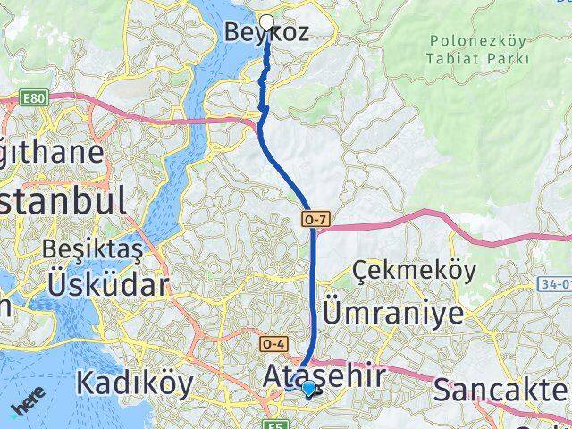 İstanbul Ataşehir Küçükbakkalköy Beykoz Arası Kaç Km - Yol Haritası