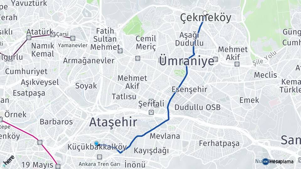 İstanbul Ataşehir Küçükbakkalköy Çekmeköy Arası Kaç Km - Yol Haritası
