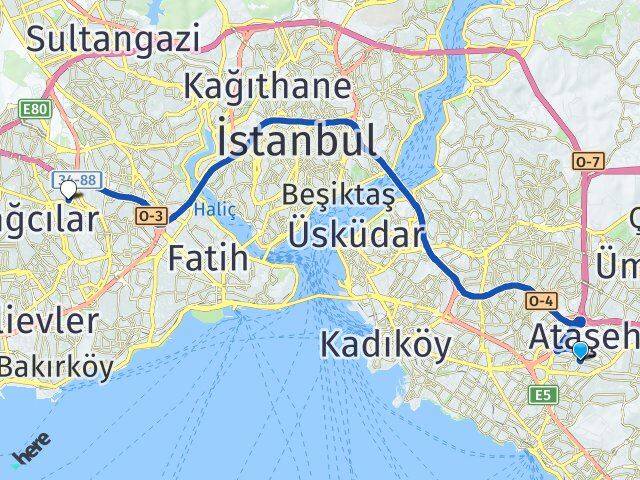 İstanbul Ataşehir Küçükbakkalköy Esenler Arası Kaç Km - Yol Haritası