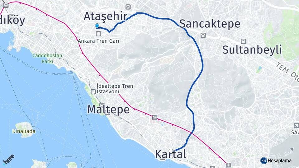 İstanbul Ataşehir Küçükbakkalköy Kartal Arası Kaç Km - Yol Haritası