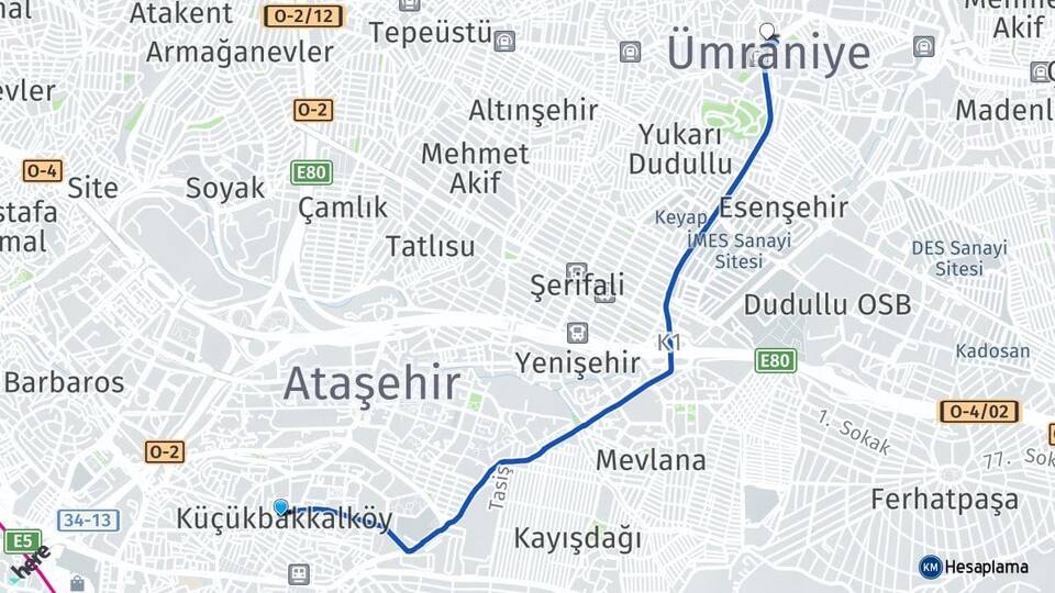 İstanbul Ataşehir Küçükbakkalköy Ümraniye Arası Kaç Km - Yol Haritası