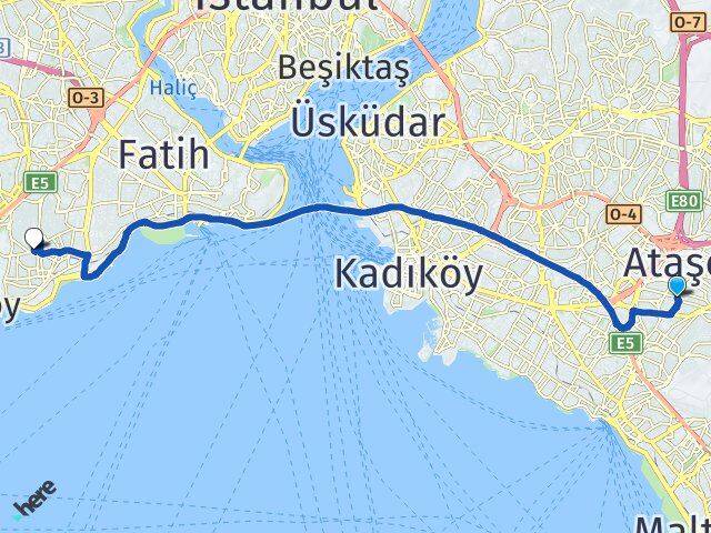 İstanbul Ataşehir Küçükbakkalköy Zeytinburnu Arası Kaç Km - Yol Haritası
