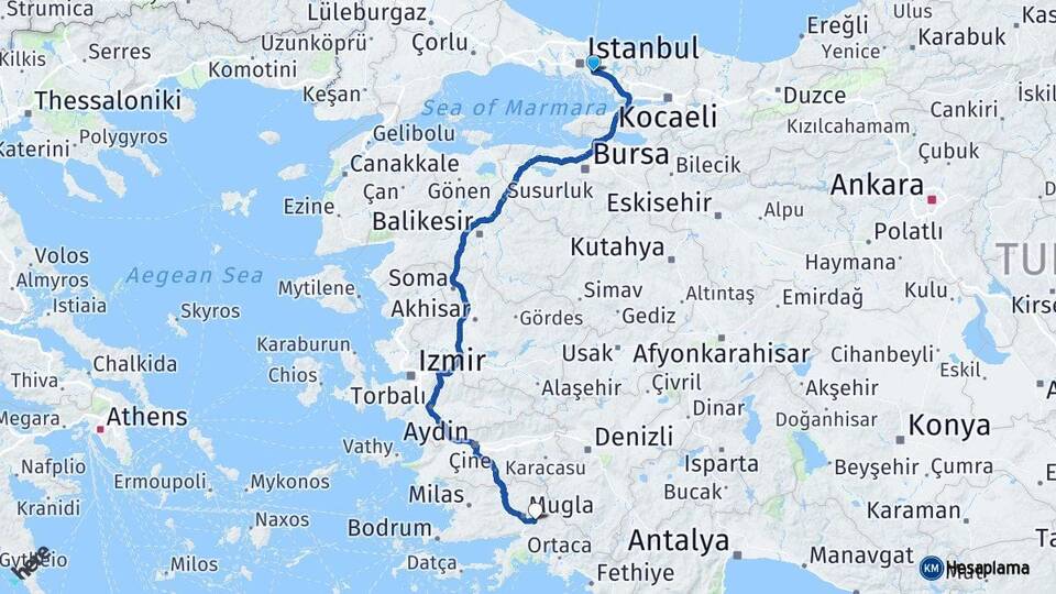 İstanbul Ataşehir Muğla Arası Kaç Km - Yol Haritası