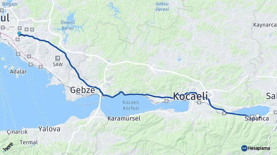 İstanbul Ataşehir Sapanca Sakarya Arası Kaç Km - Yol Haritası