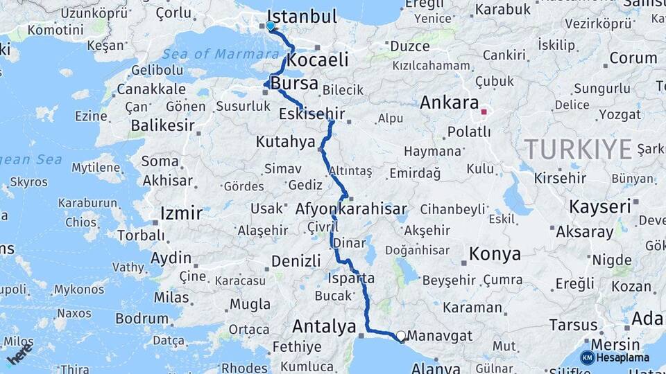 İstanbul Ataşehir Side Manavgat Antalya Arası Kaç Km - Yol Haritası