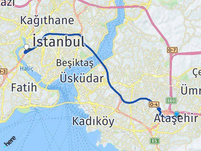 İstanbul Ataşehir Sütlüce Beyoğlu Arası Kaç Km - Yol Haritası