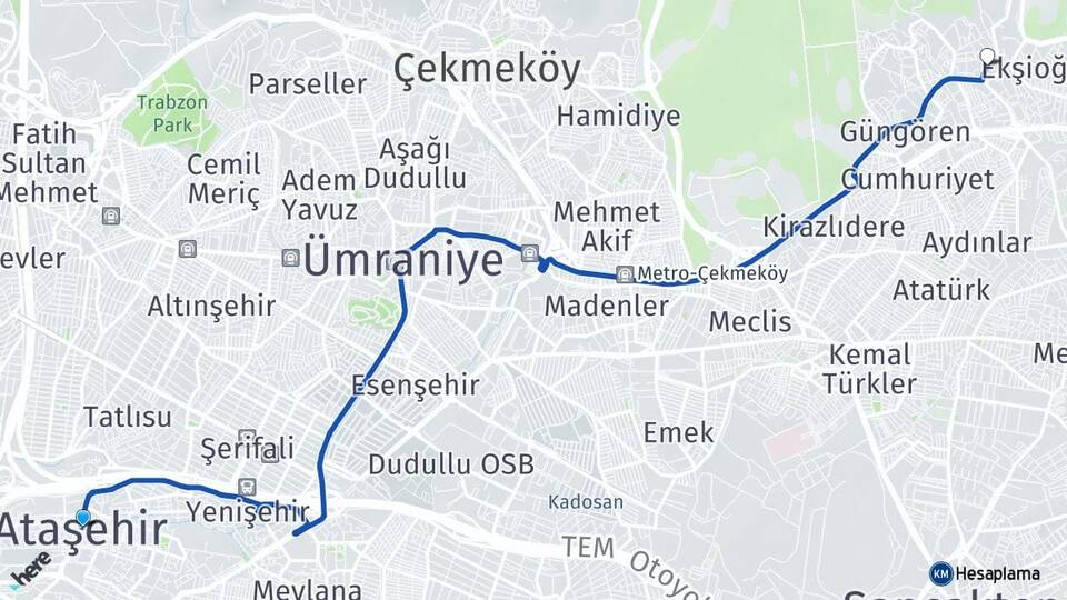 İstanbul Ataşehir Taşdelen Çekmeköy Arası Kaç Km - Yol Haritası