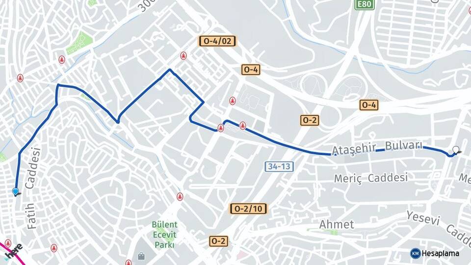 İstanbul Ataşehir Yenisahra Ataşehir Arası Kaç Km - Yol Haritası