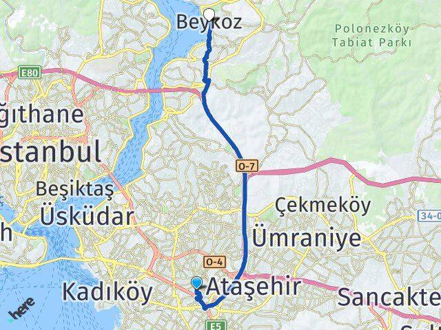 İstanbul Ataşehir Yenisahra Beykoz Arası Kaç Km - Yol Haritası
