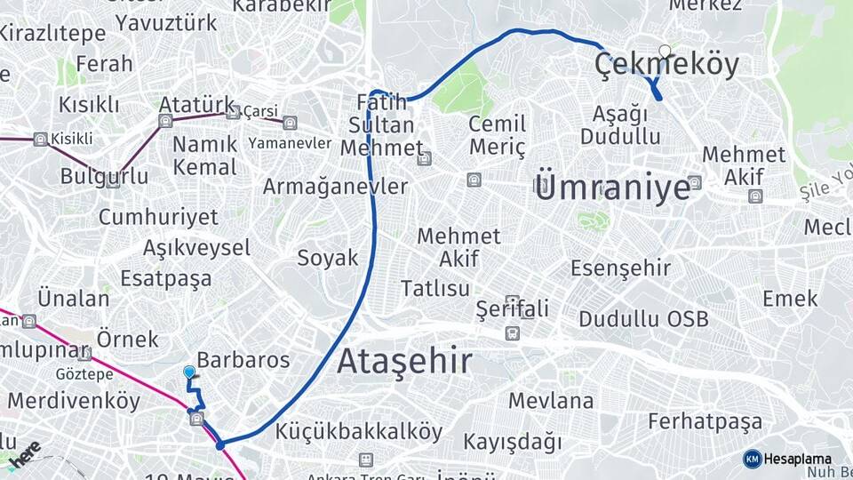 İstanbul Ataşehir Yenisahra Çekmeköy Arası Kaç Km - Yol Haritası