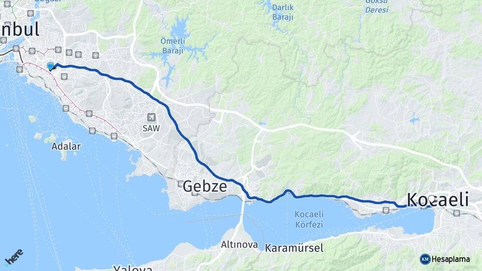 İstanbul Ataşehir Yenisahra İzmit Kocaeli Arası Kaç Km - Yol Haritası