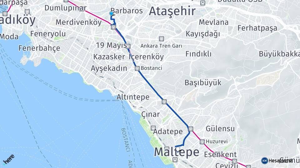 İstanbul Ataşehir Yenisahra Maltepe Arası Kaç Km - Yol Haritası