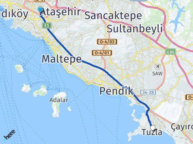 İstanbul Ataşehir Yenisahra Tuzla Arası Kaç Km - Yol Haritası